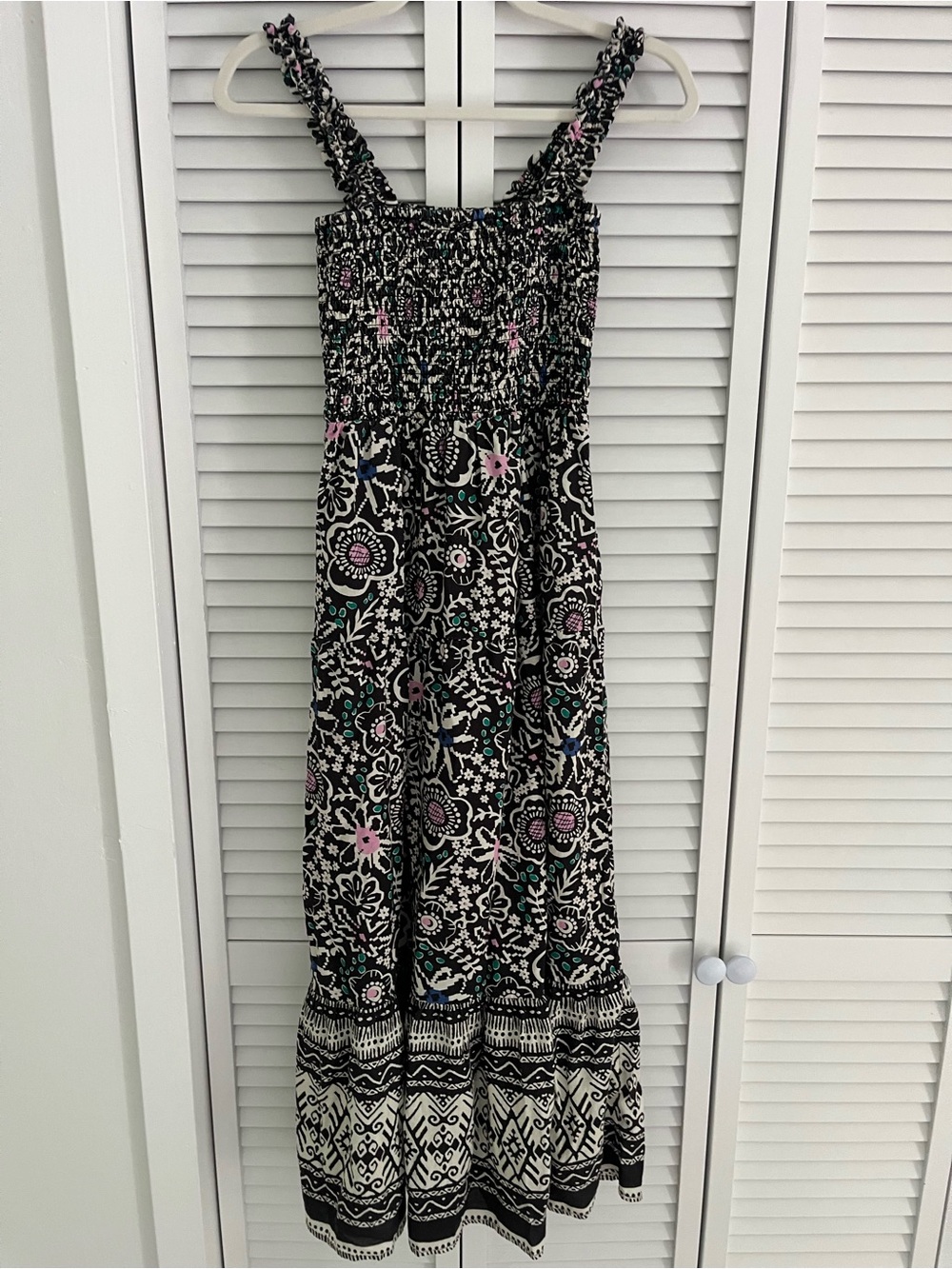 Marine Layer Resort Selene Maxi Dress Smocked Pockets Size XS Black Multi